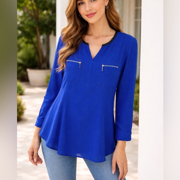 Rafaella Tops - Rafaella Royal Blue Blouse with Zipper Accents